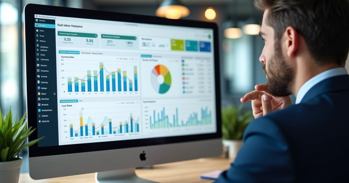 Tela de computador exibindo gráficos financeiros e integração bancária 