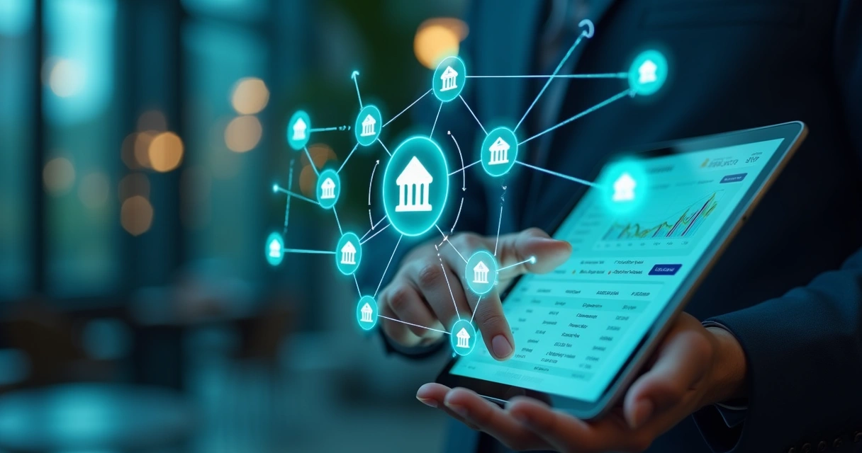 Conexão digital entre contas bancárias e plataforma financeira acompanhada de gráficos 