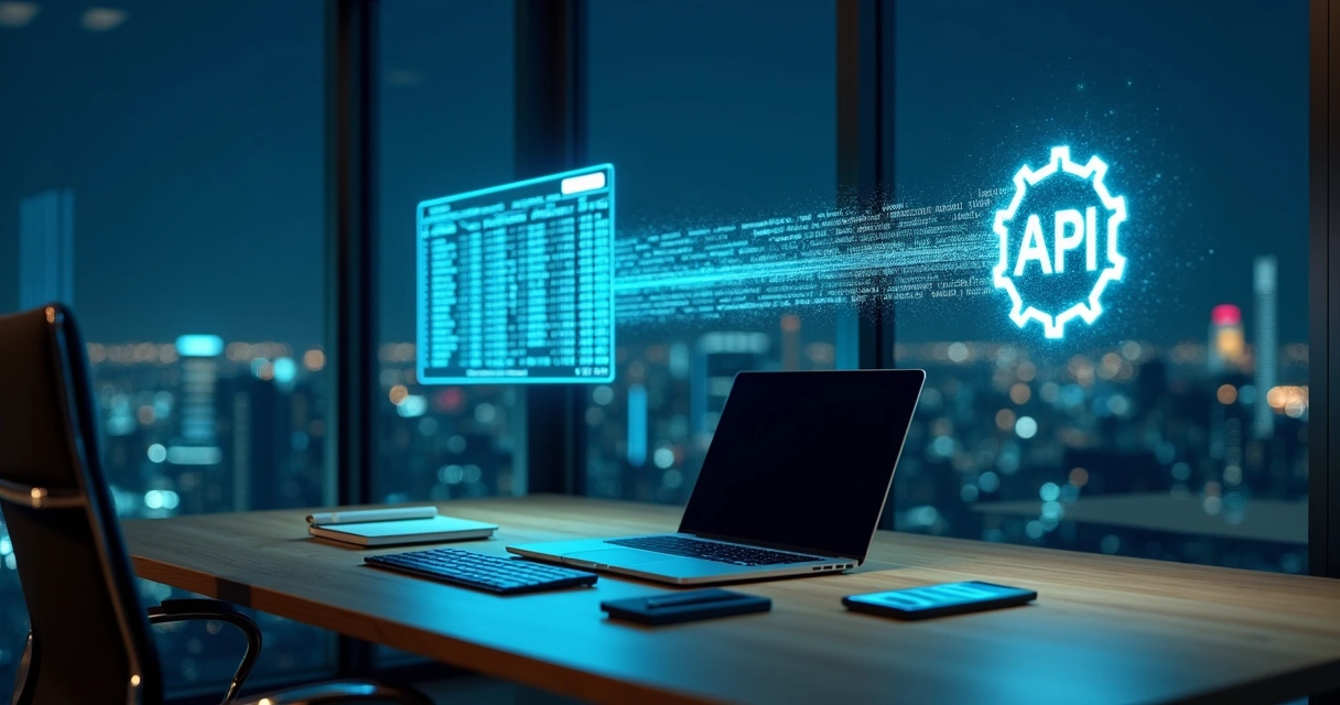 Raio de dados ligando arquivo de planilha a ícone de API em ambiente corporativo digital 