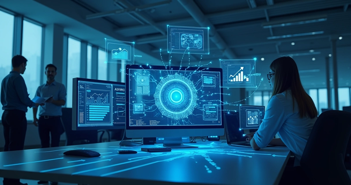 Integração de ERP com bancos e CRM em ambiente de escritório 