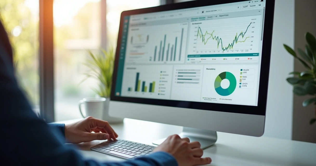 Tela com softwares financeiros integrados e gráficos de dados 