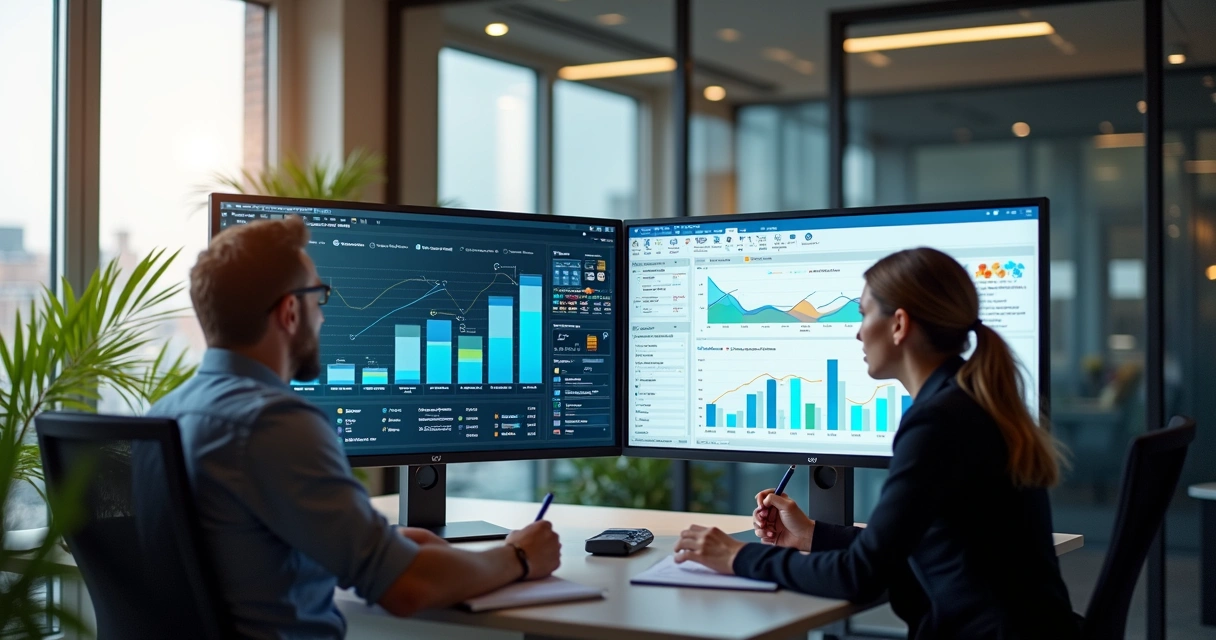 Integração visual entre gráficos de BI e tela de CRM no computador 