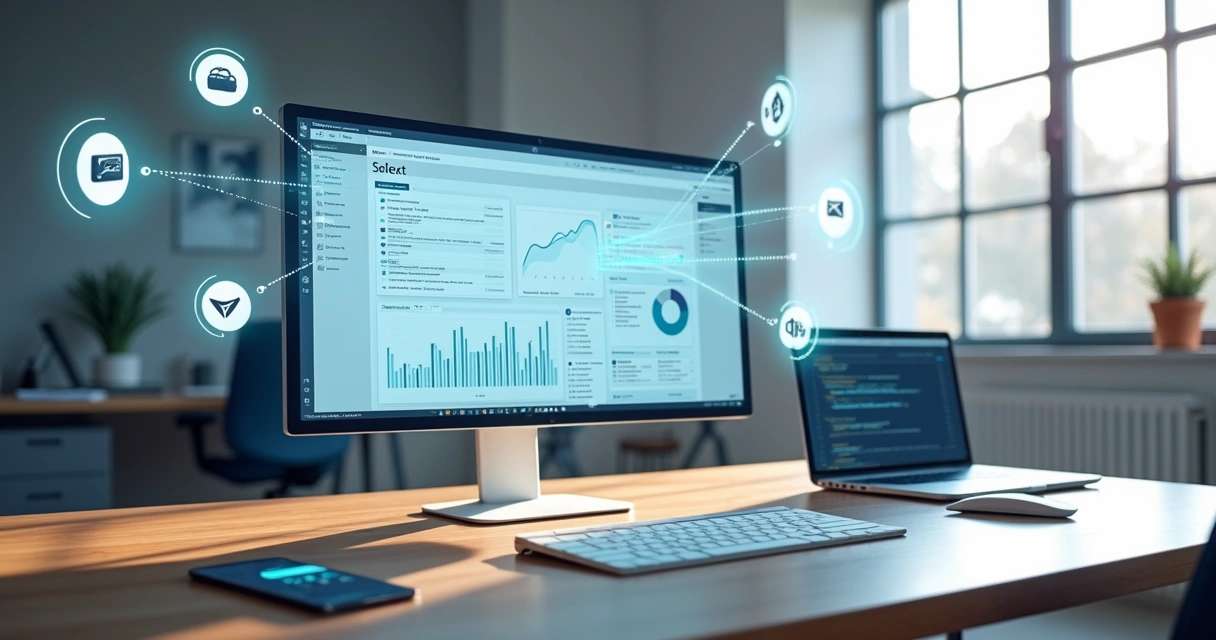 Painel de blog conectado a vários sistemas por ícones e linhas de integração 