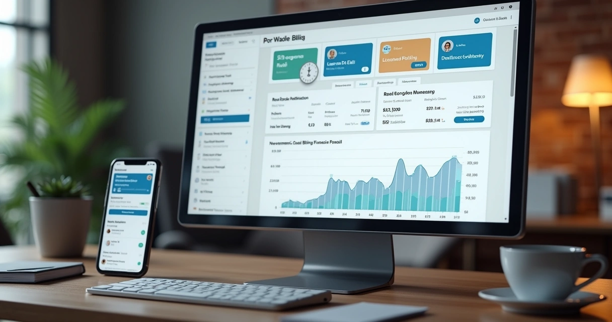 Tela de computador mostrando sistema de gestão financeira com boletos automáticos e notificações por e-mail e WhatsApp 