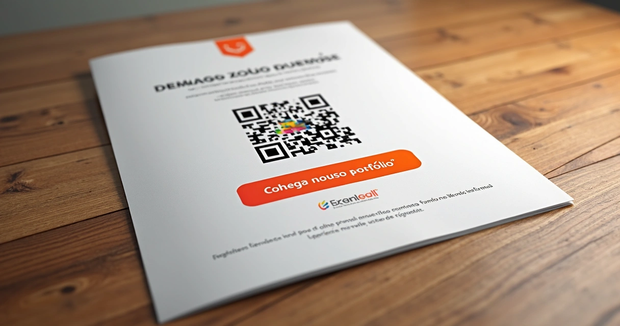 Botão de CTA posicionado ao lado de um QR Code colorido em material impresso. 