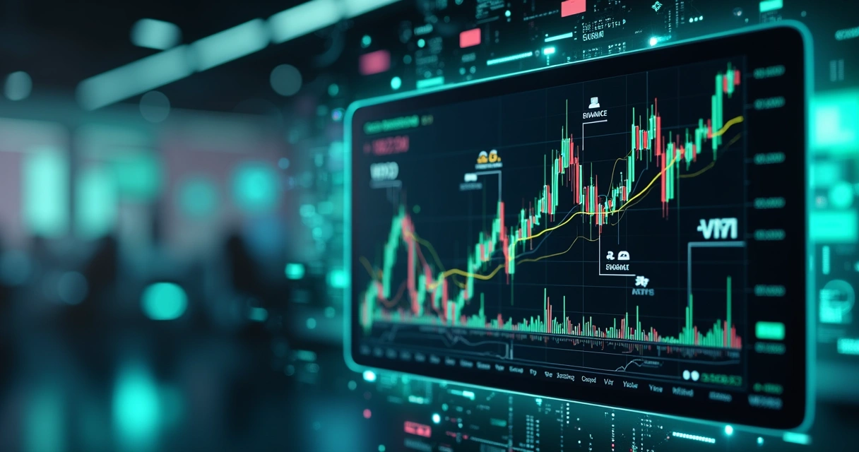 Tela digital mostrando interface de trading com gráficos e robôs de negociação conectados a várias exchanges de criptomoedas 