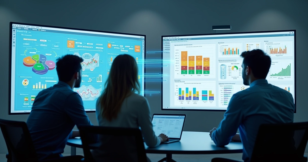 Conceito visual de integração entre BPMS e ERP com equipe analisando gráficos 