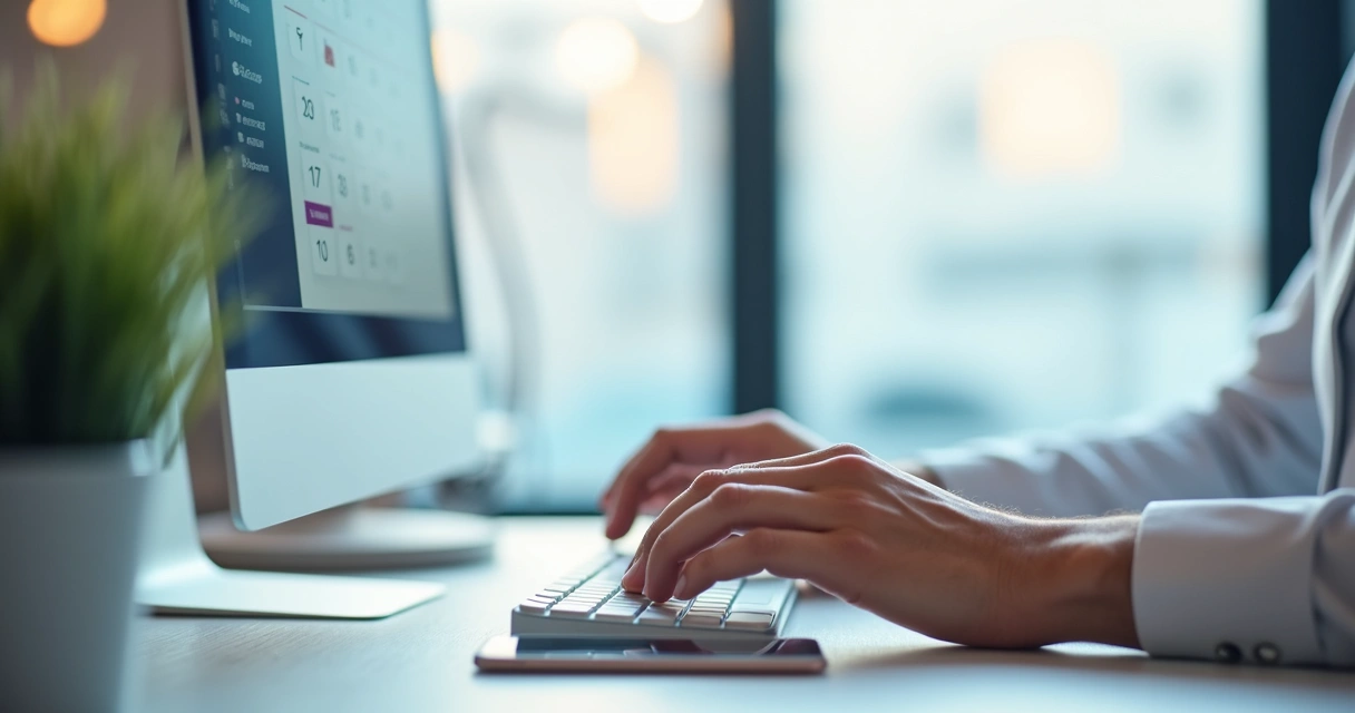 Tela de integração entre calendário Notion e outros aplicativos, demonstrada em ambiente corporativo, com múltiplos dispositivos