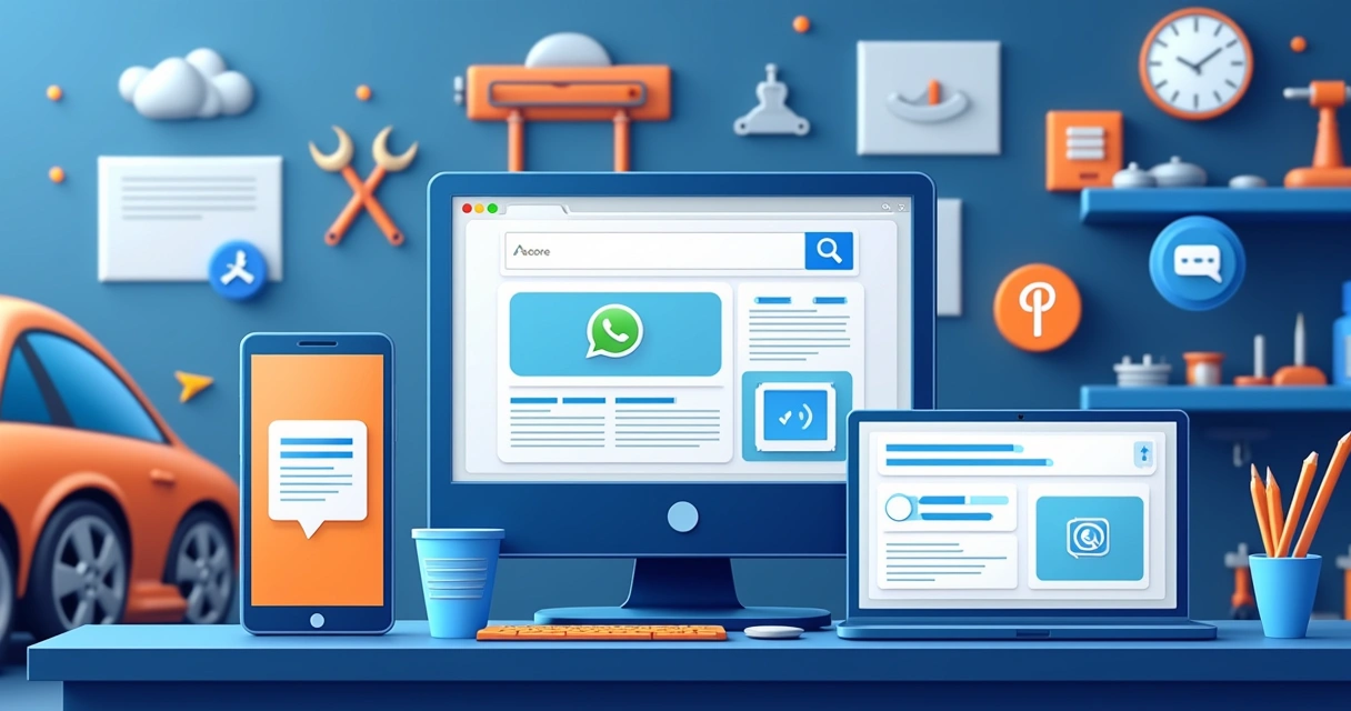 Integração de campanhas digitais em oficina mecânica, telas de computador e smartphone 