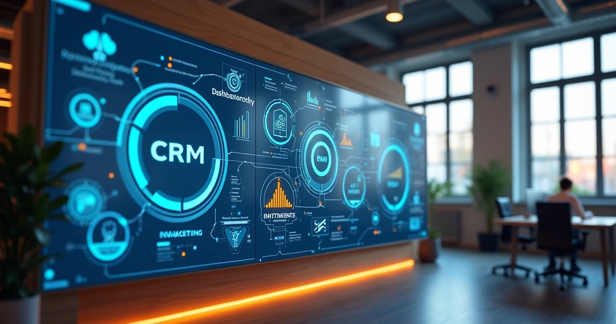 Painel digital mostrando integrações entre CRM, e-mail e redes sociais 