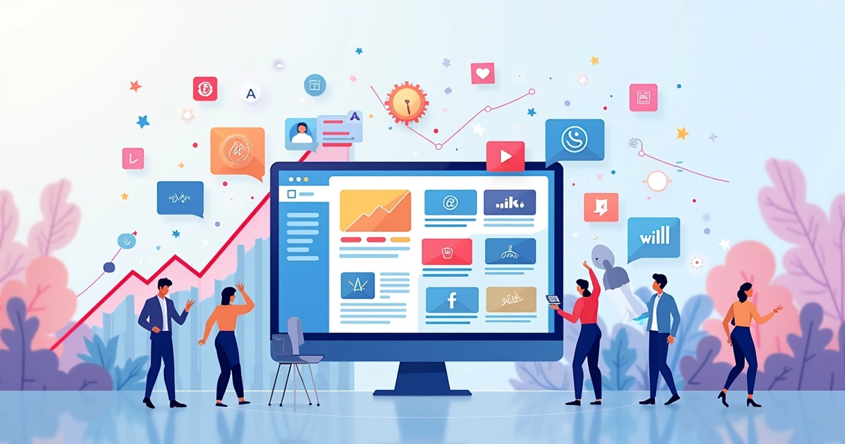 Ilustração de integração de campanhas digitais com redes sociais, incluindo dados e crescimento de vendas.