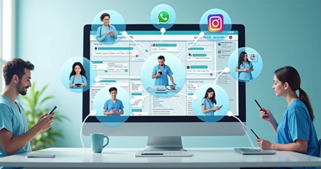 Ícones de WhatsApp, Instagram e Messenger conectados com sistema de agendamento médico
