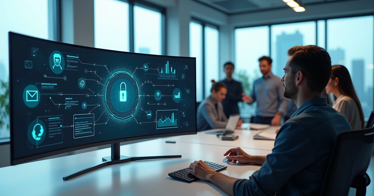 Equipe monitorando painel com canais de atendimento integrados e ícones de segurança de dados 