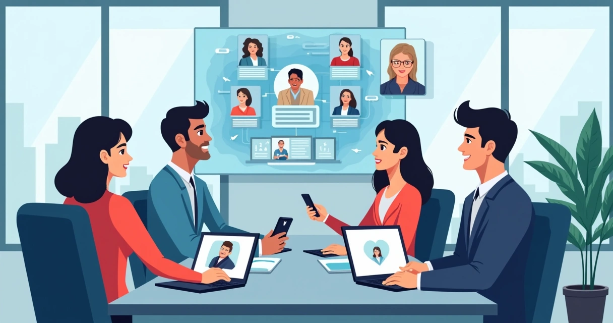 Equipe de vendas em uma sala com vários dispositivos conectados, mostrando integração física e digital 