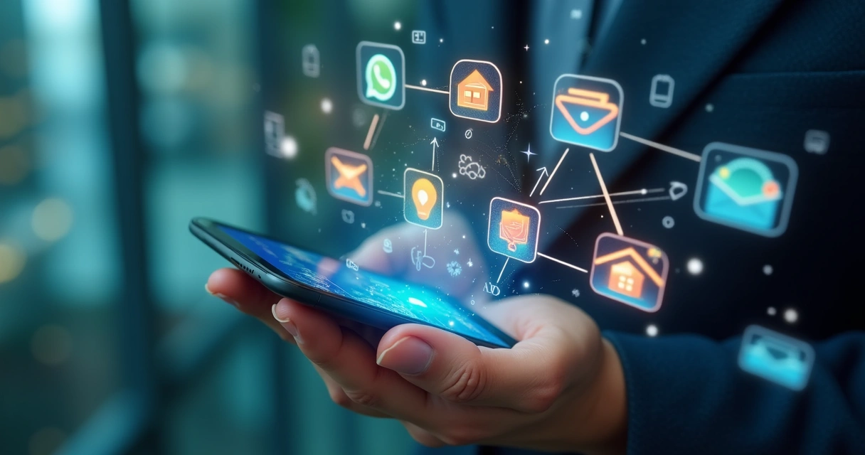 Interface mostrando integração entre WhatsApp, e-mail e CRM para imóveis 