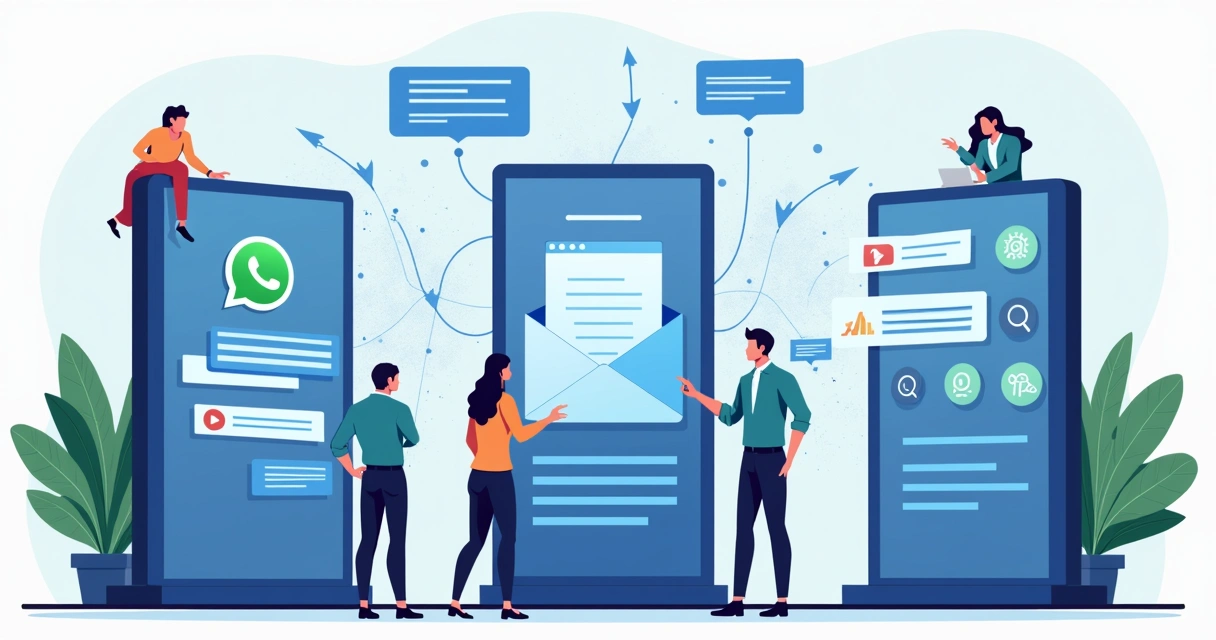 Ilustração de telas de WhatsApp, e-mail e redes sociais interligadas, representando integração de comunicação digital 