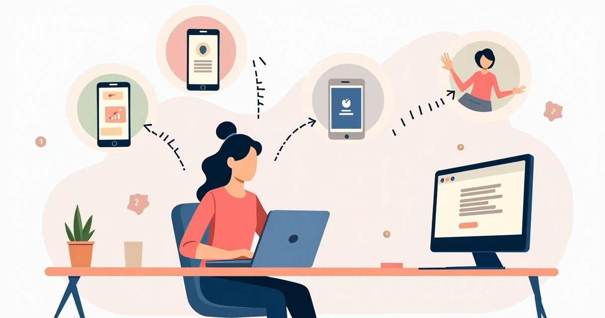 Mulher usando notebook no centro com linhas conectando diferentes dispositivos digitais ao redor 