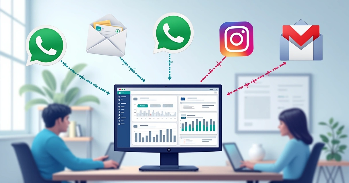 Fluxo de automação ligando WhatsApp, Instagram e mensagens digitais. 