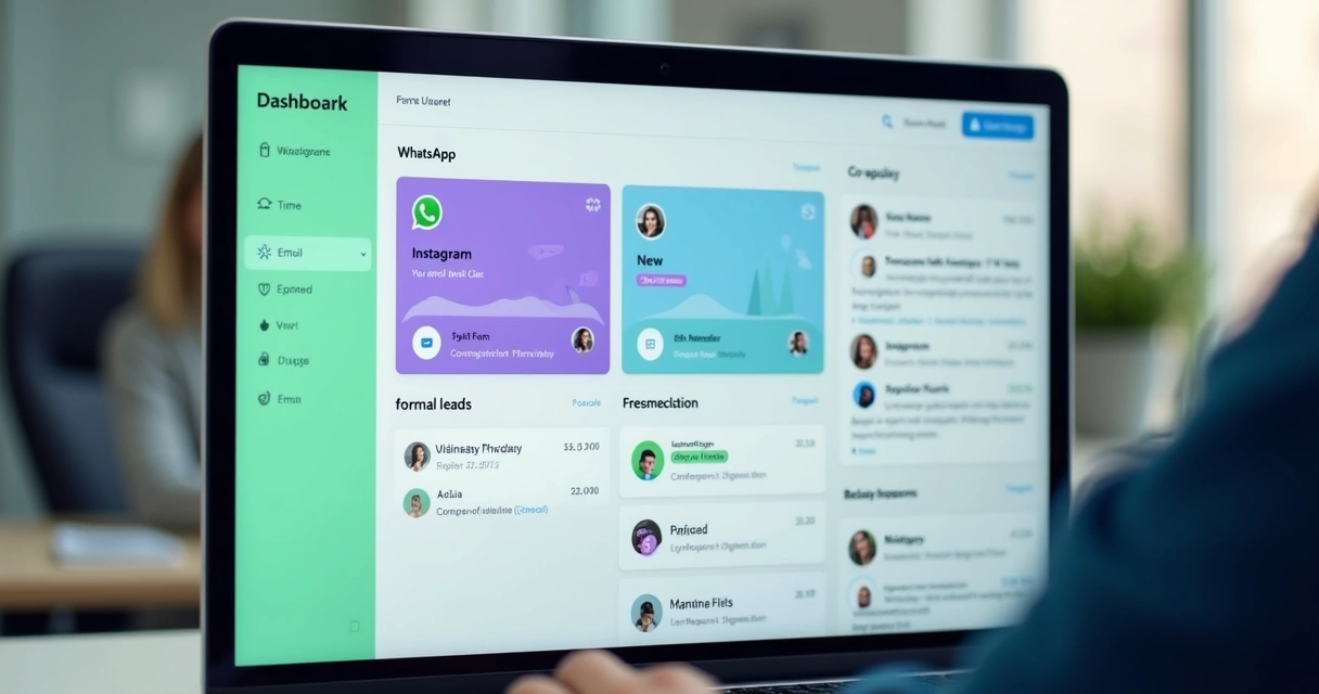Tela com mensagens integradas de WhatsApp, Instagram, e-mail e site