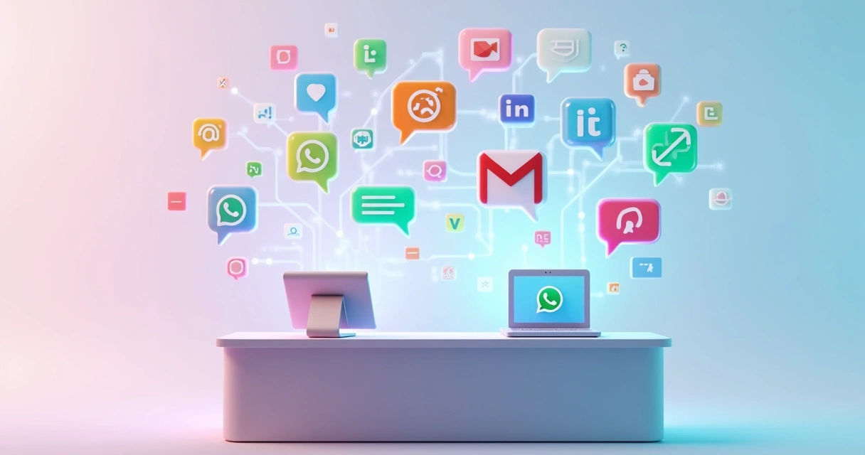 Conceito visual de canais digitais conectados a uma central de atendimento, todos ligados ao WhatsApp 
