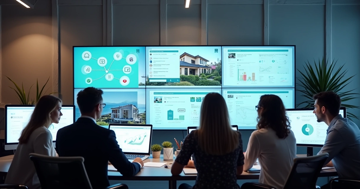 Painel de integração apresentando WhatsApp, Instagram, e site em uma imobiliária 