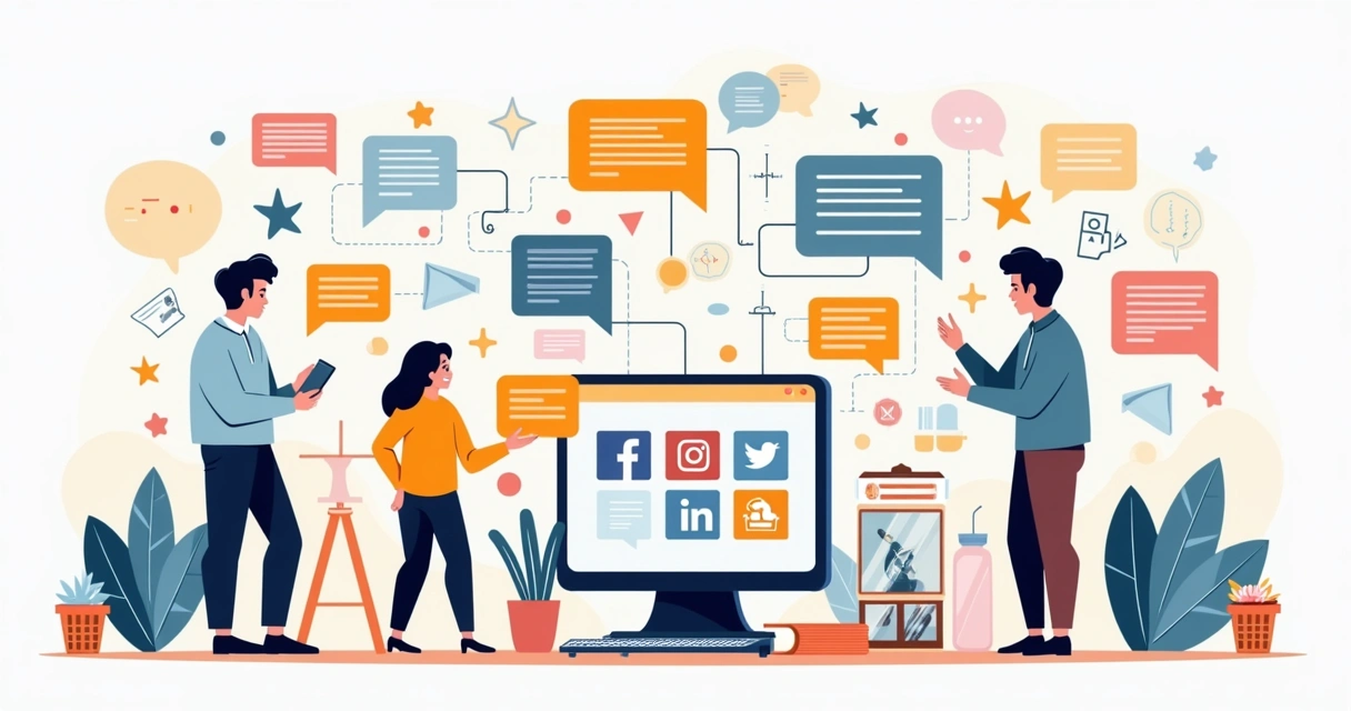 Ilustração de diversos meios de comunicação, digital e impresso, interligados com pessoas interagindo 