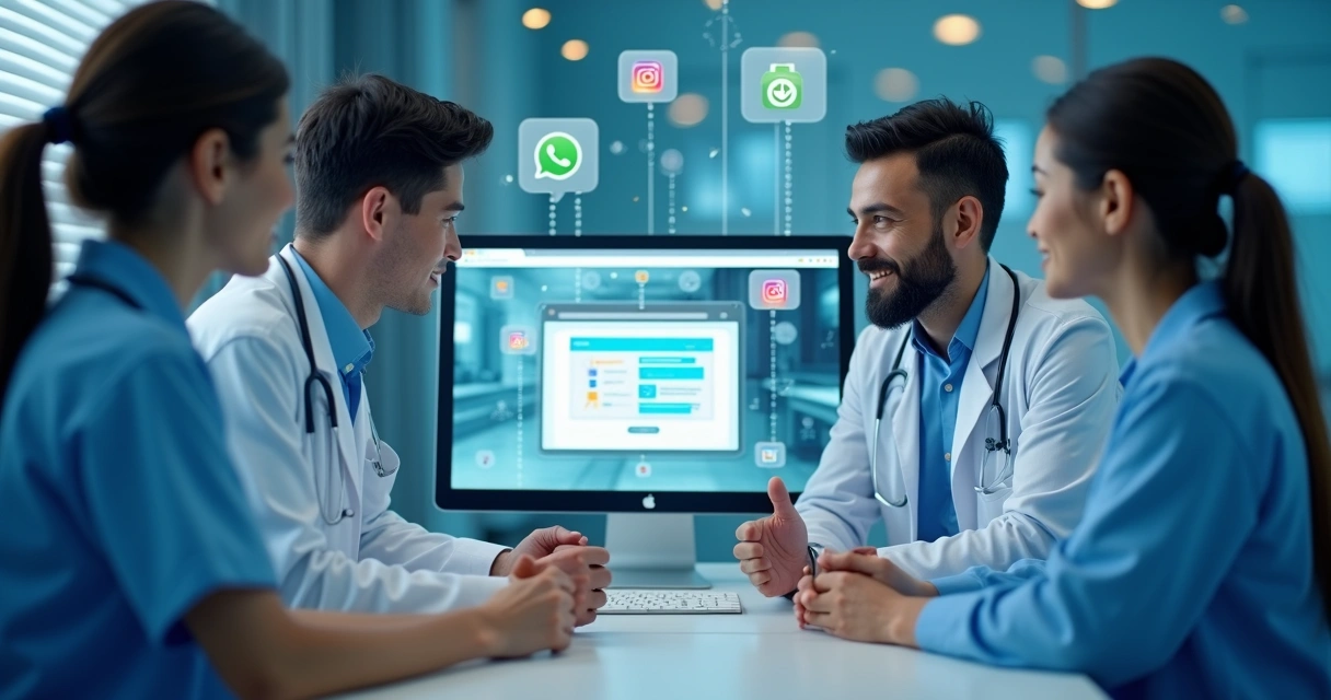 Equipe médica conectando site da clínica a outros canais digitais 