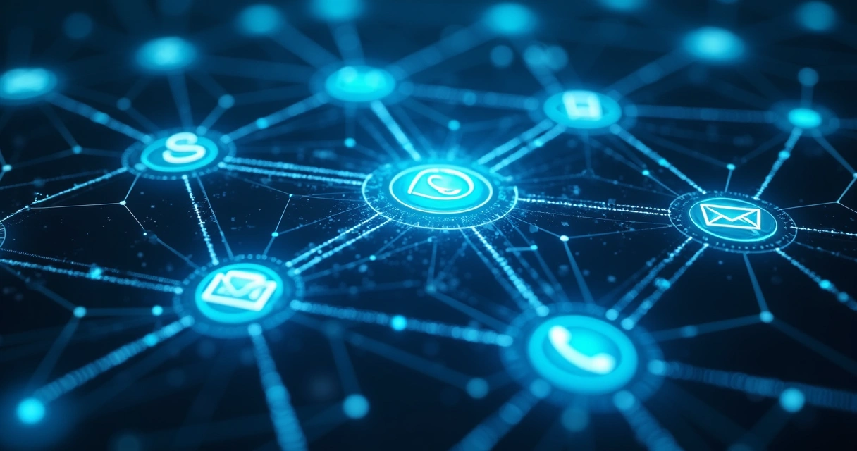 Ícones de canais digitais interligados em rede com fundo azul