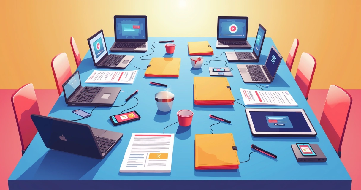 Mesa com equipamentos digitais e folders de eventos presenciais