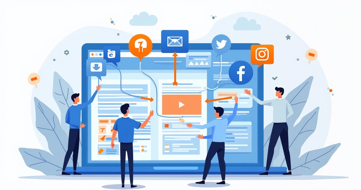 Integração de canais marketing digital com redes sociais, email e blog conectados 