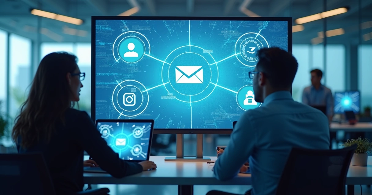 Painel mostrando integração de WhatsApp, Instagram, e-mail e site para empresas 