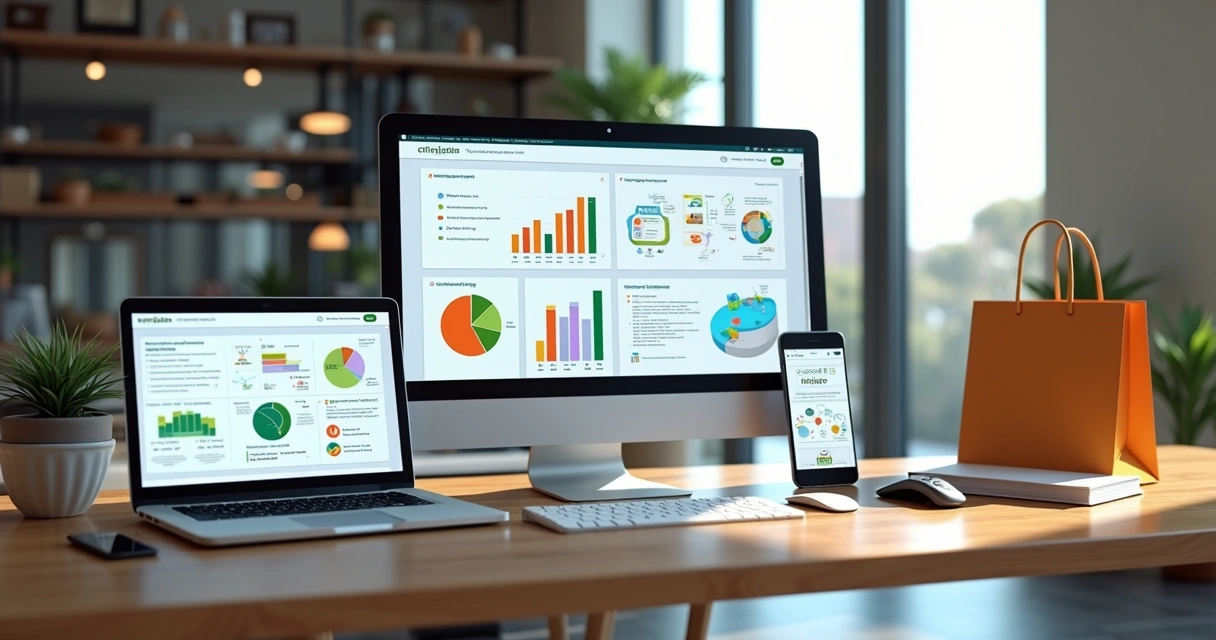Mesa de trabalho com múltiplos dispositivos conectados exibindo gráficos e mapas de jornada do cliente para integrar canais de varejo omnichannel 
