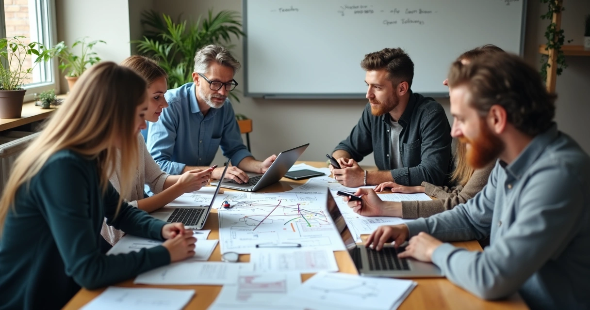 Equipe de PME reunida integrando canais digital e físico 