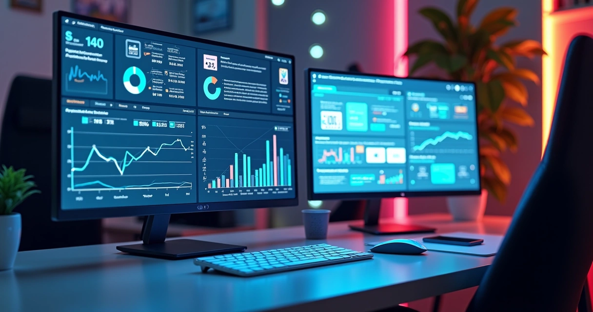Mesa de trabalho moderna com múltiplas telas mostrando plataformas de vendas online integradas, gráficos de desempenho e ícones de redes sociais em ambiente iluminado e tecnológico 