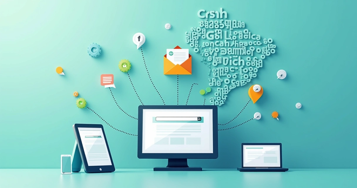 Visão detalhada de diferentes dispositivos digitais conectados, ilustrando canais de tráfego segmentado 