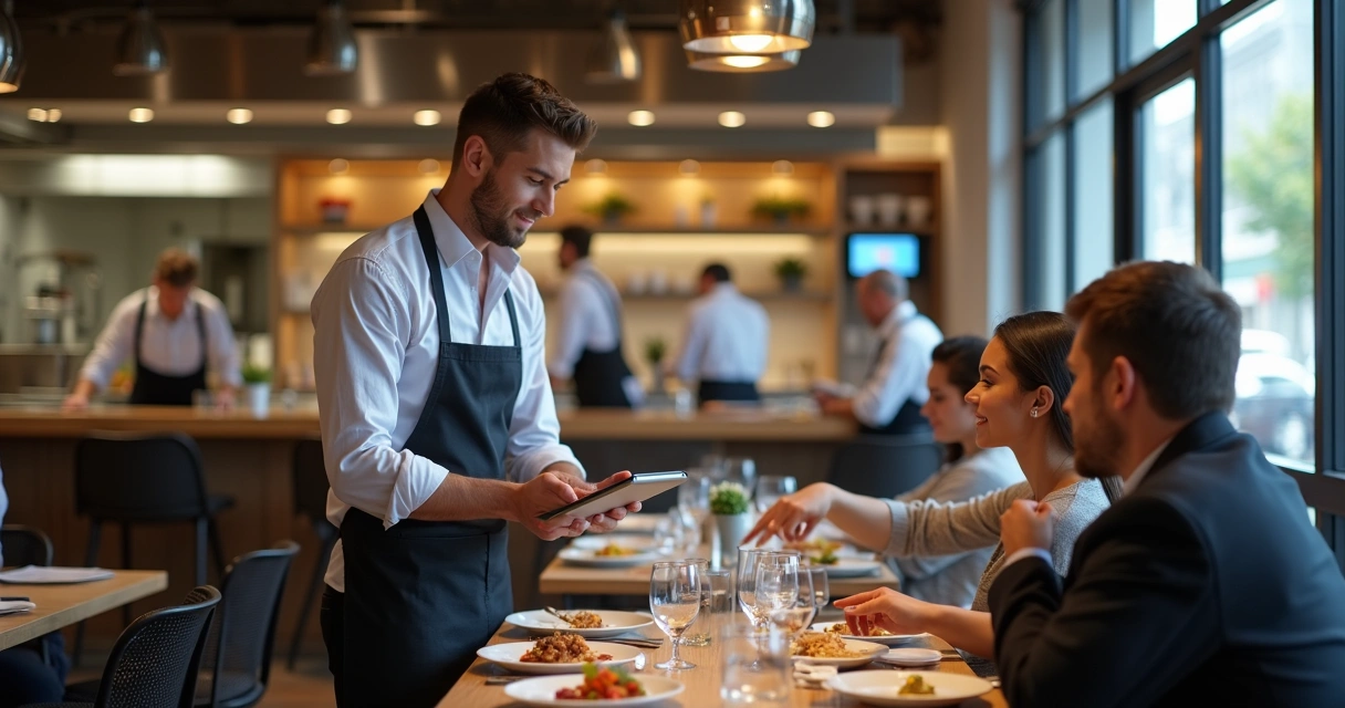 Garçom em restaurante digitalizando pedido no tablet 