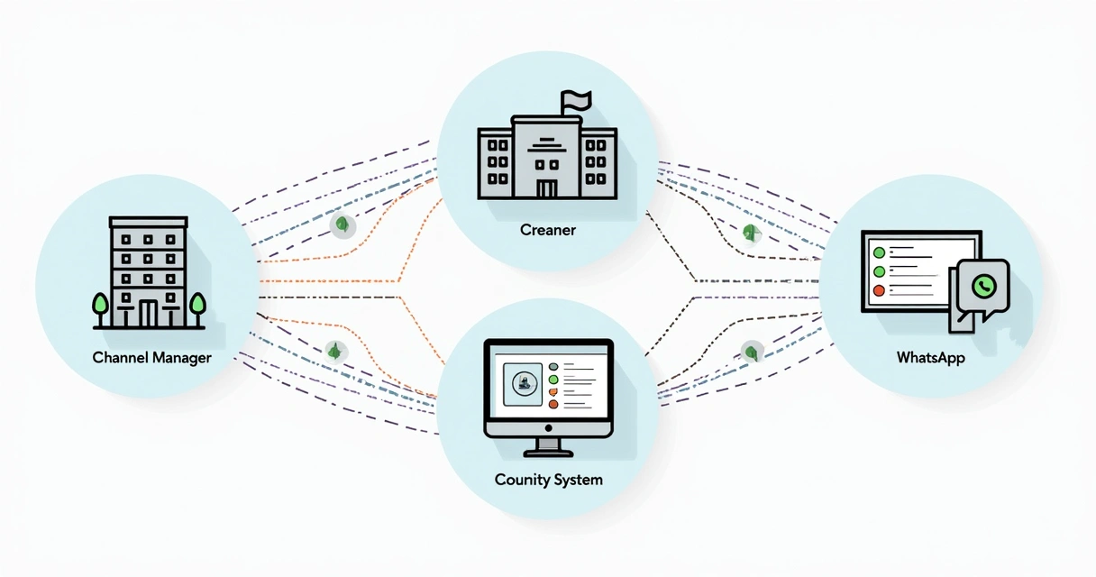 Diagrama visual de integrações entre channel manager, sistema de gestão e WhatsApp 
