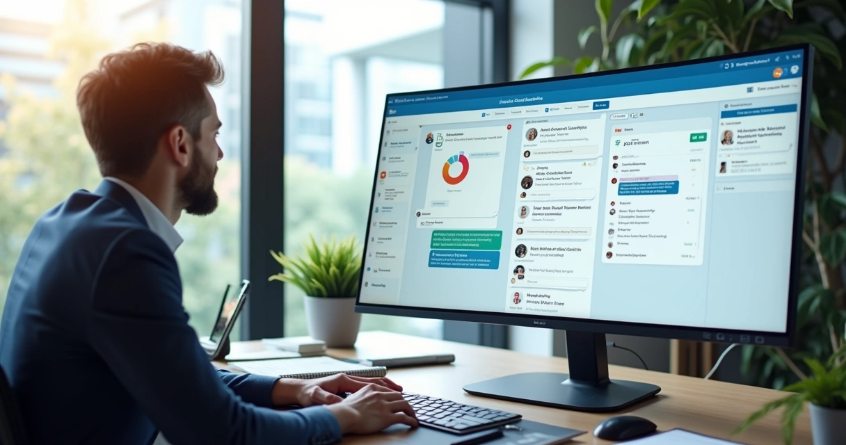 Tela de chat ligada a CRM e calendário em escritório moderno