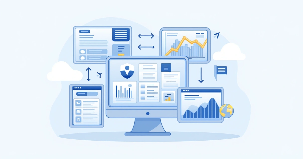 Tela digital mostrando integração de chatbot, CRM e ERP 