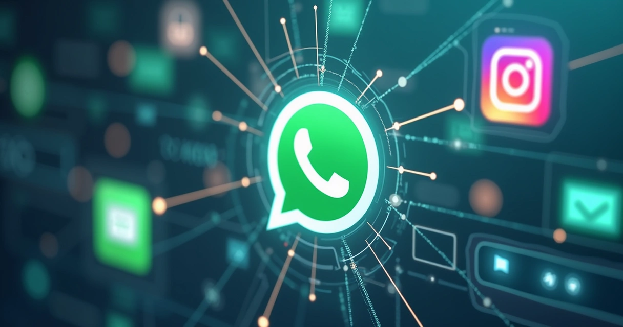 Ícones de WhatsApp, Instagram e site unidos por linhas digitais com chatbot central
