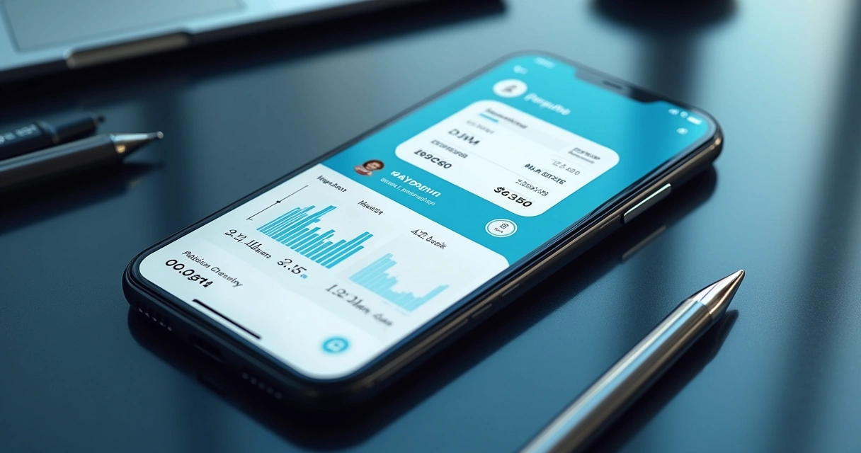 Tela de aplicativo bancário com chatbot mostrando gráficos de transações