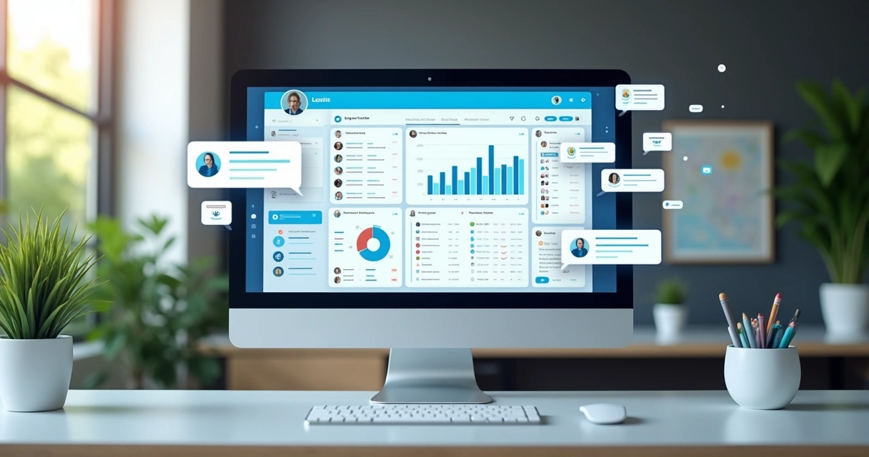 Tela de computador mostrando painel de chatbot integrado a CRM com gráficos e ícones de mensagens digitais 