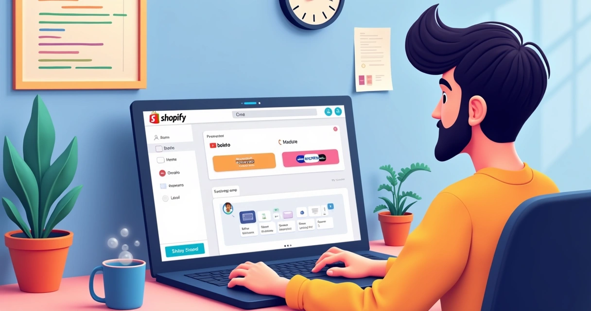 Tela de integração de checkout com Shopify em laptop de desenvolvedor 