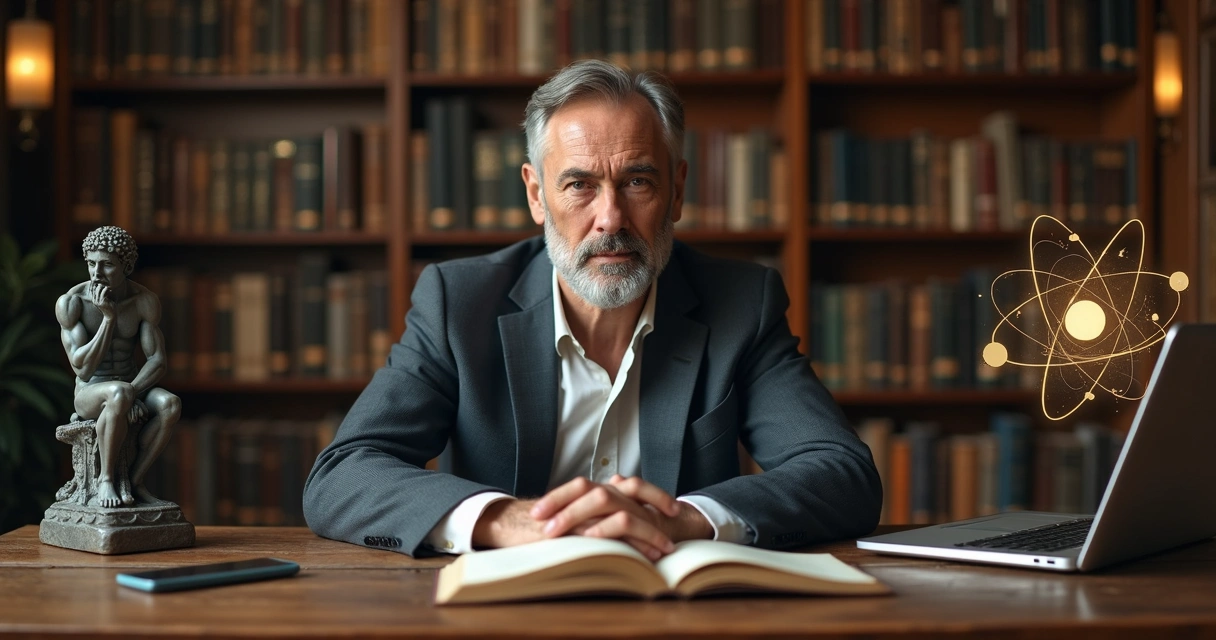 Pessoa sentada estudando livros e laptop, símbolos de ciência e filosofia 