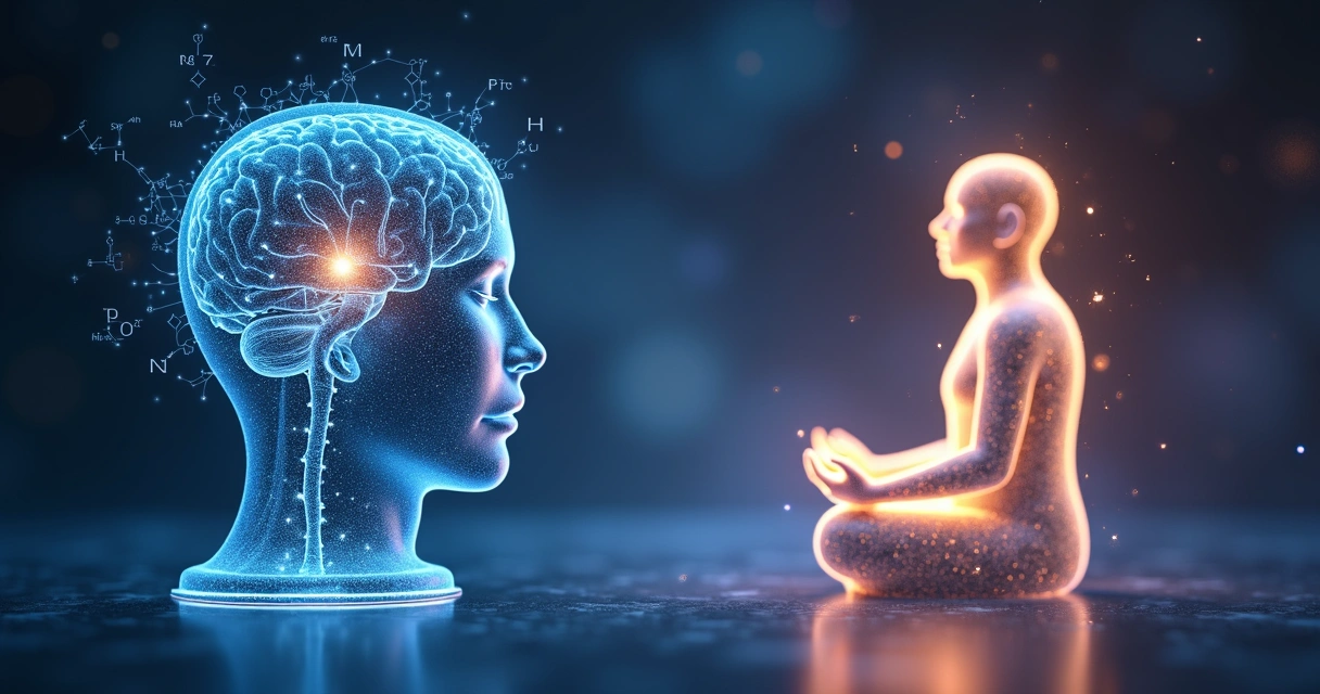 Integração entre ciência e espiritualidade representada por cérebro e luz interior 