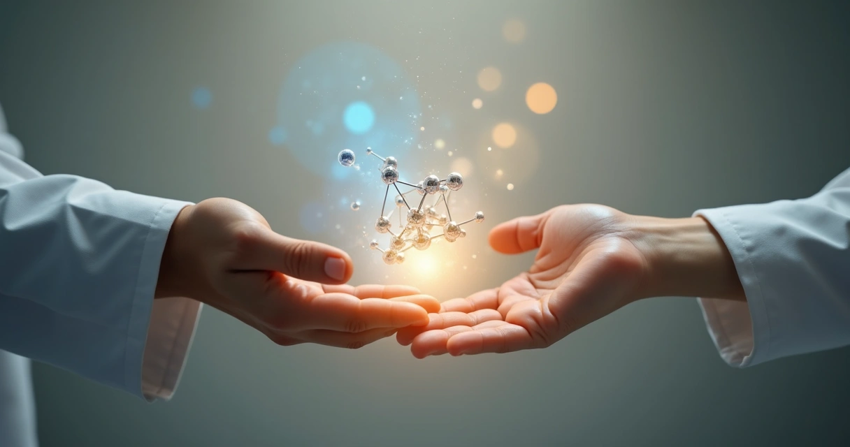 Duas mãos, uma segurando uma molécula e outra uma luz suave, se encontram no centro de um fundo neutro 