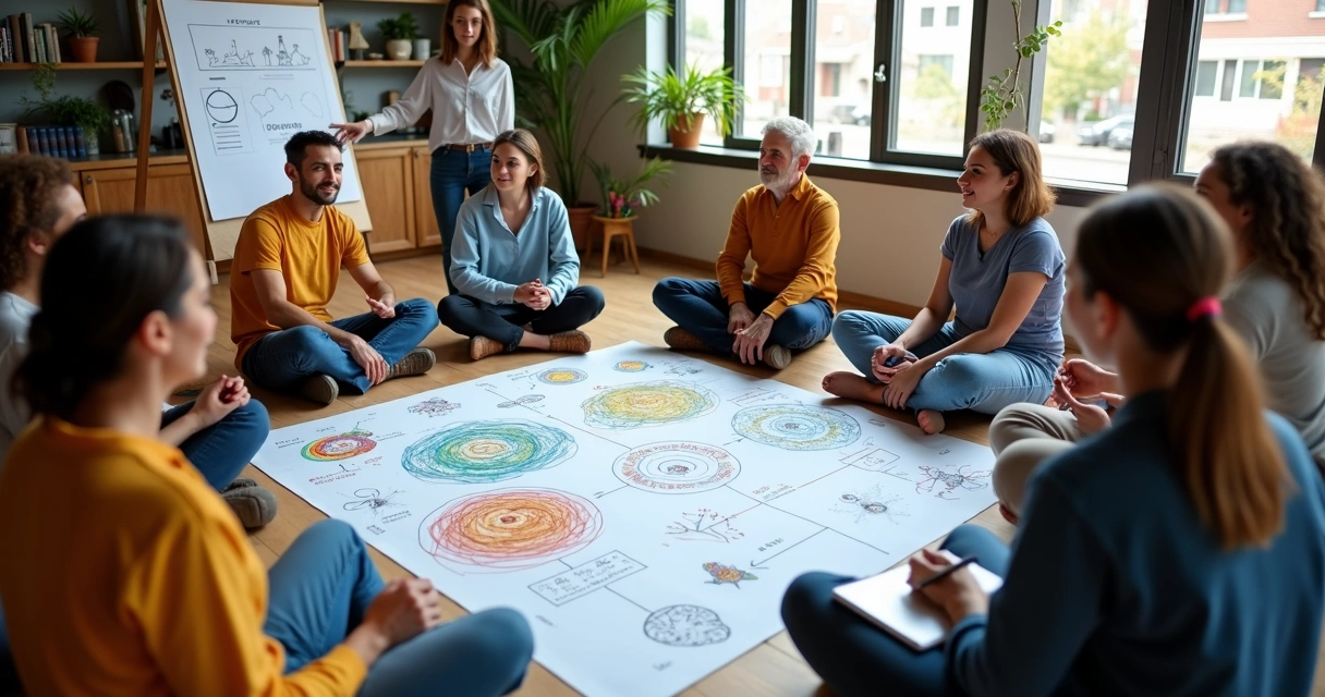 Grupo diverso em roda integrando ciência e espiritualidade em projeto social 