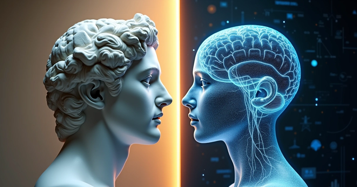 Cérebro digital e estátua clássica dividindo a mesma mente 