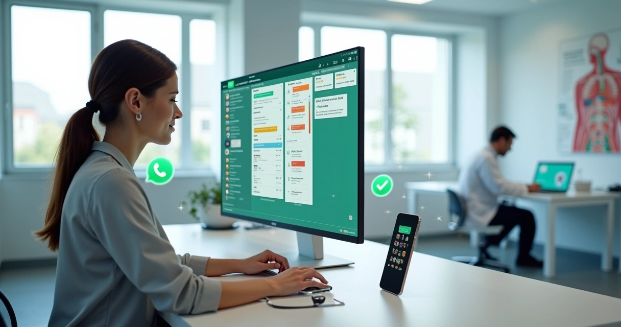 Equipe de clínica usando computador com WhatsApp e CRM médico integrados na tela 