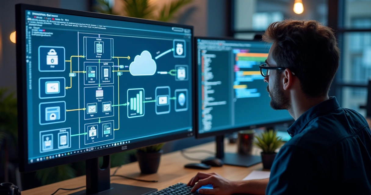 Tela de computador com esquemas de integração de sistemas em nuvem 
